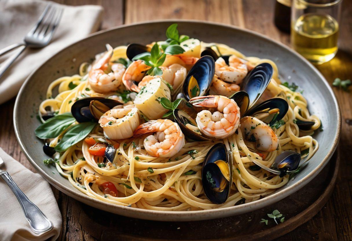 A beautifully arranged plate showcasing an exquisite seafood pasta dish, featuring fresh shrimp, mussels, and scallops intertwined with linguine, garnished with herbs and a drizzle of olive oil. The background should display a rustic wooden table, complemented by soft, ambient lighting to emphasize the dish’s vibrant colors and textures. Include hints of fresh ingredients like tomatoes and basil scattered around the plate, creating a mouthwatering culinary scene. painting. vibrant colors. soft focus.