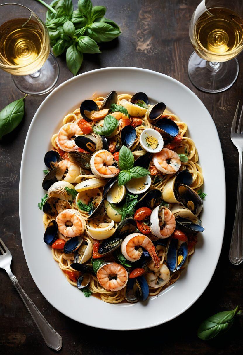 A beautifully arranged plate of seafood pasta, featuring vibrant shrimp, mussels, and clams, nestled in a rich tomato sauce. The backdrop displays a rustic Italian eatery with wooden tables and twinkling fairy lights, creating a warm ambiance. Include fresh basil leaves and a glass of white wine to enhance the culinary experience. Soft, inviting lighting casts a delightful glow over the scene. super-realistic. vibrant colors. indoor restaurant ambiance.